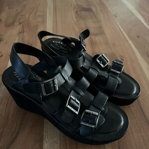 Kork-Ease Madalena Black Leather Gladiator Style Platform Wedge Sandals 7